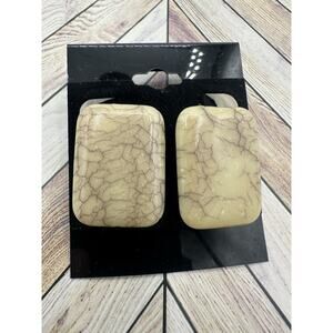 Vintage Pierced Earrings - Creamy White With Brown Enamel Rectangle